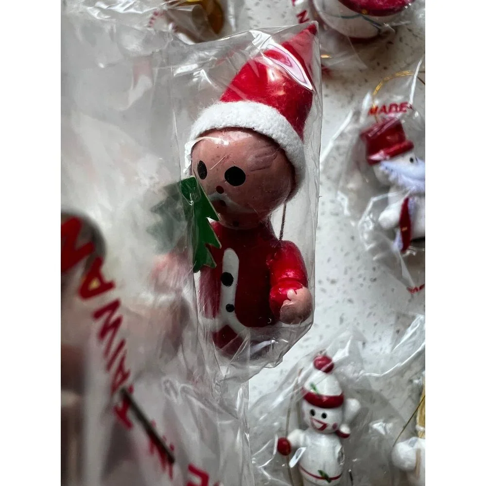 20 Vintage Wooden Christmas Trees Ornaments Taiwan Original Wrapping Santa